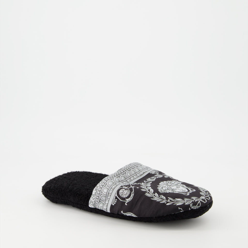 Versace slippers, luxury slippers, unisex homewear, Medusa logo, black-grey slippers