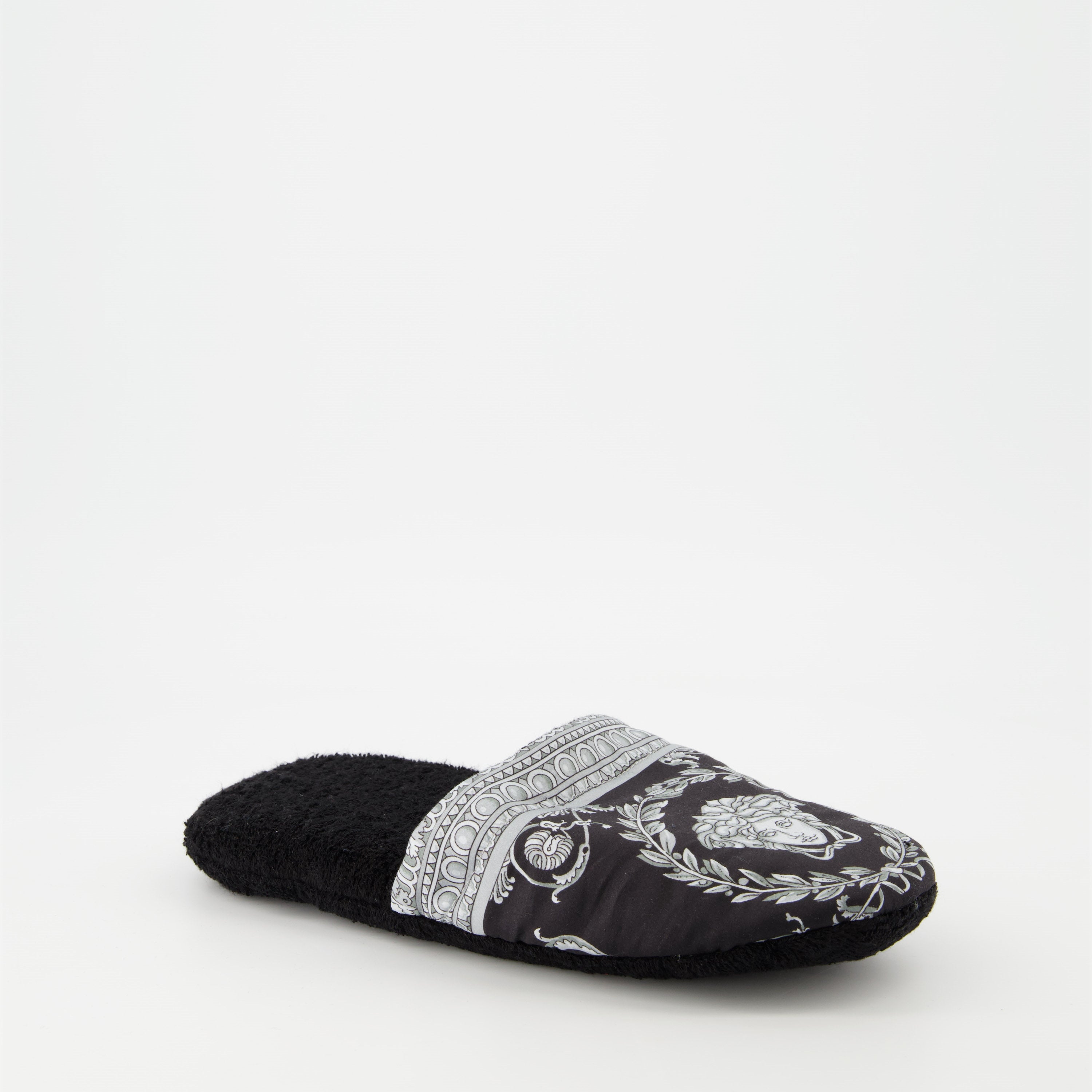 Versace slippers, luxury slippers, unisex homewear, Medusa logo, black-grey slippers