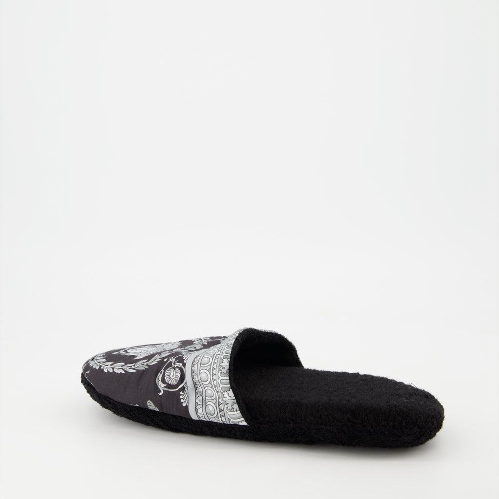 Versace slippers, luxury slippers, unisex homewear, Medusa logo, black-grey slippers