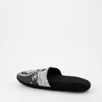 Versace slippers, luxury slippers, unisex homewear, Medusa logo, black-grey slippers