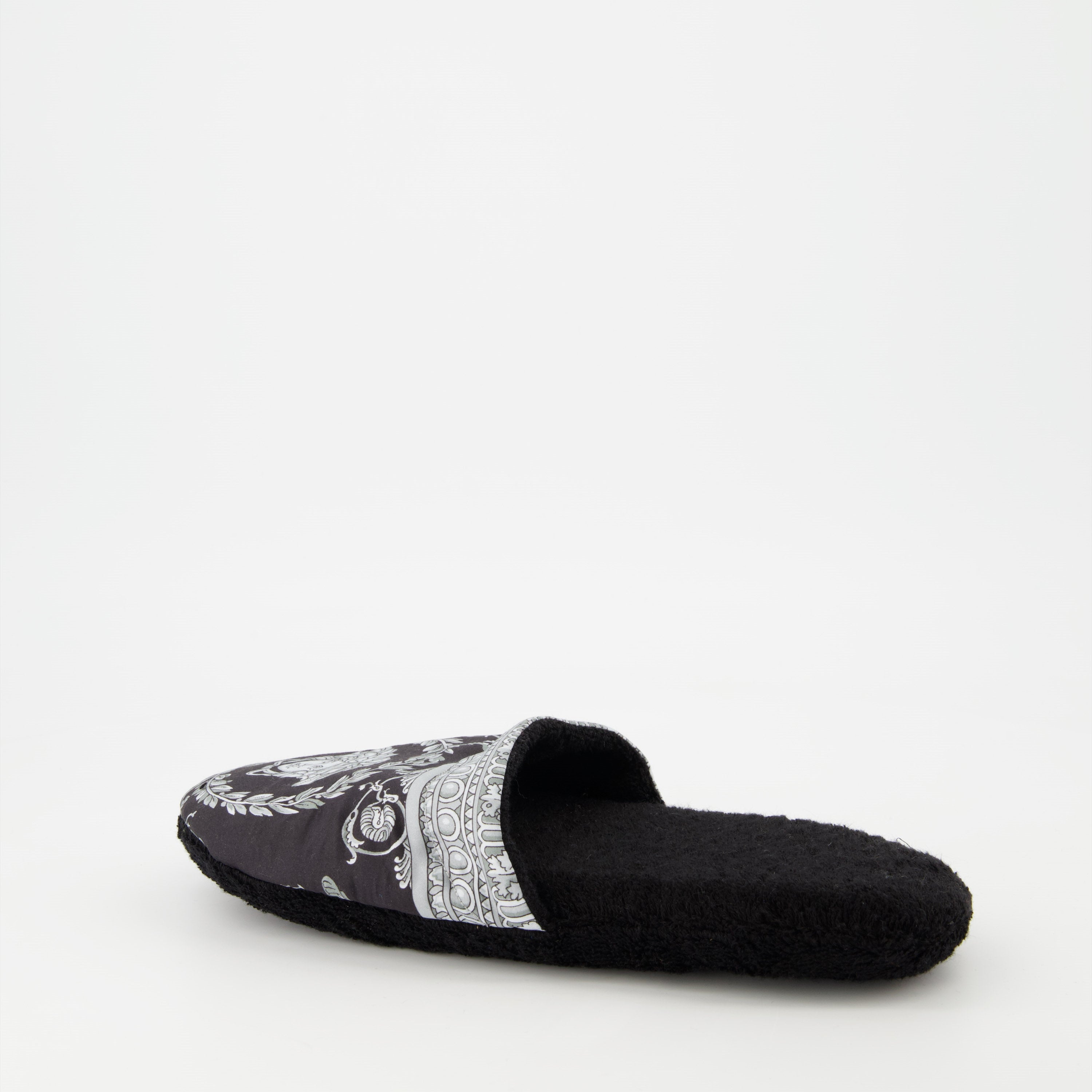 Versace slippers, luxury slippers, unisex homewear, Medusa logo, black-grey slippers