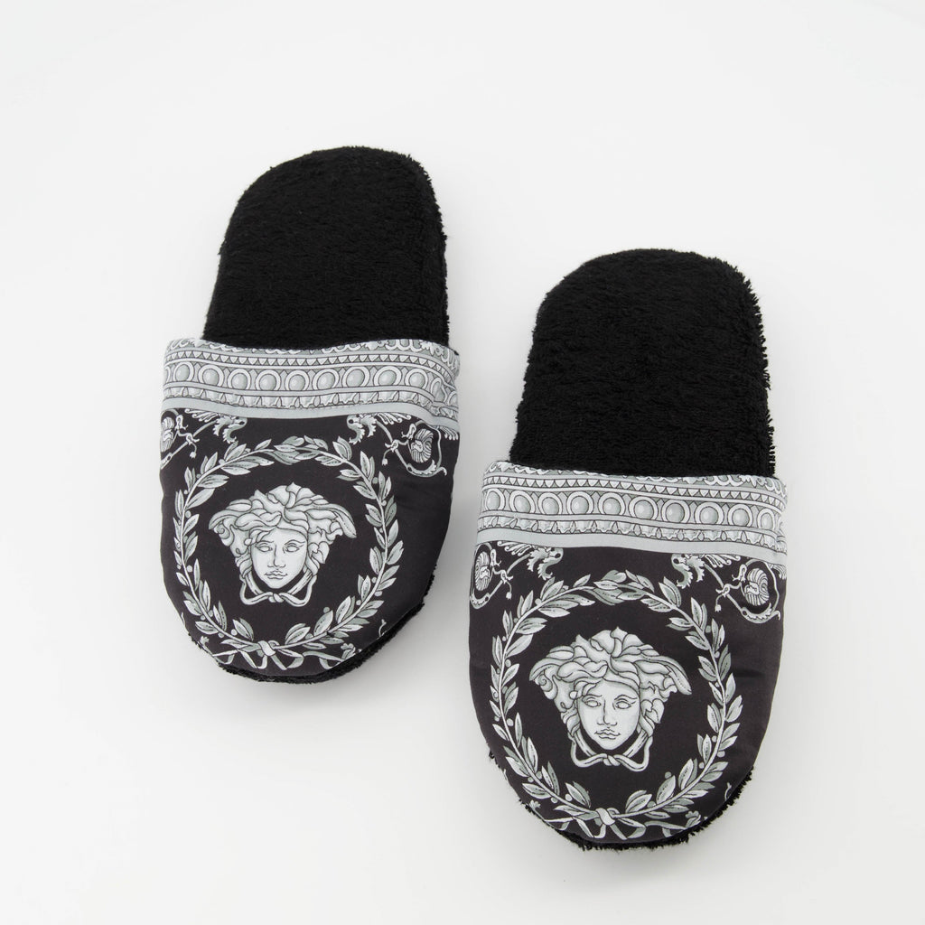 Versace slippers, luxury slippers, unisex homewear, Medusa logo, black-grey slippers