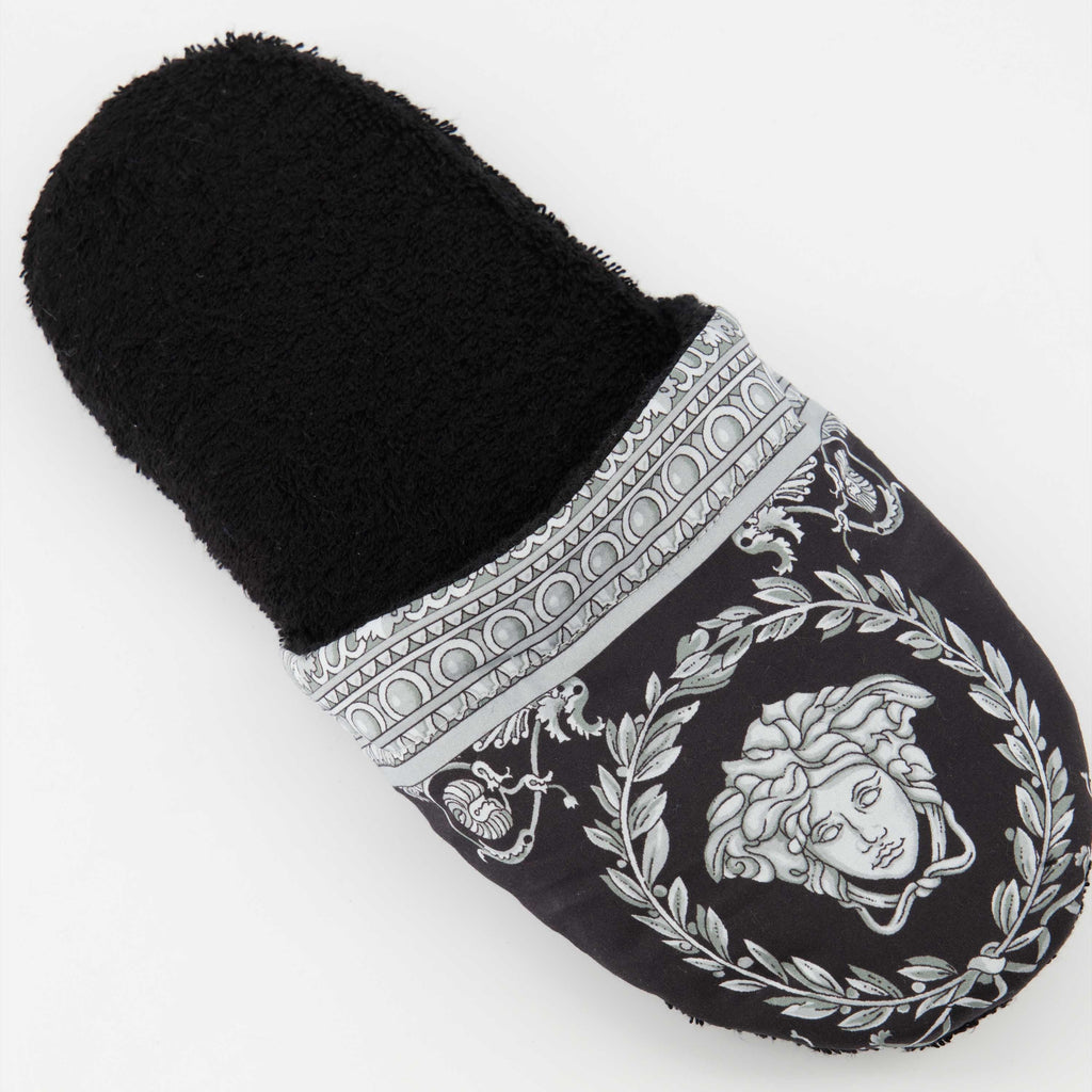 Versace slippers, luxury slippers, unisex homewear, Medusa logo, black-grey slippers