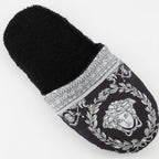 Versace slippers, luxury slippers, unisex homewear, Medusa logo, black-grey slippers
