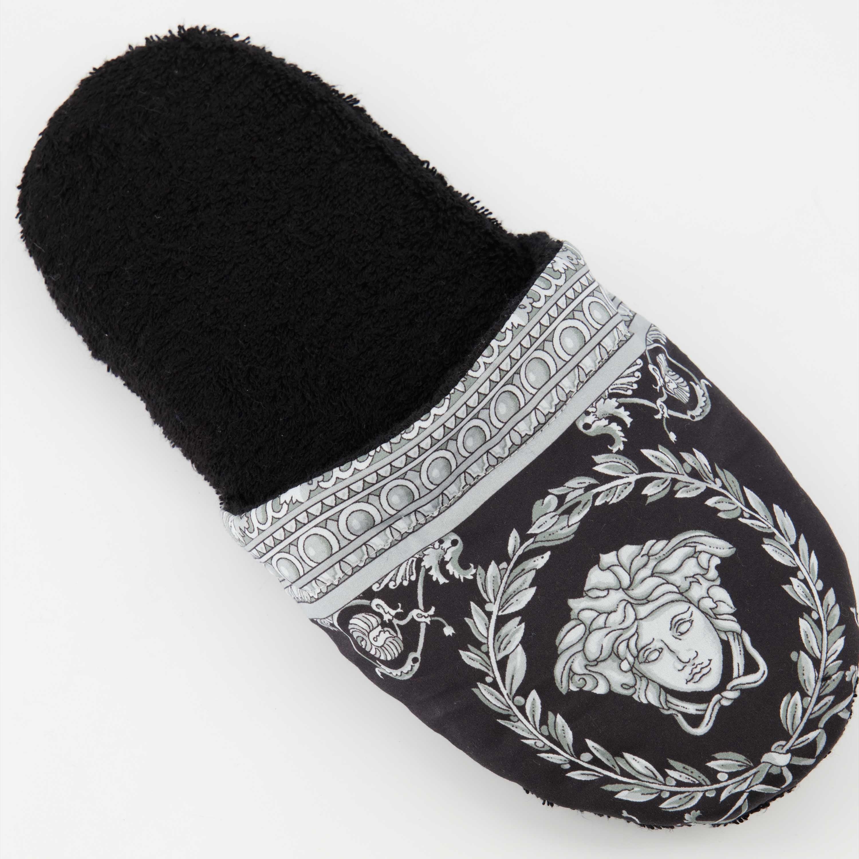 Versace slippers, luxury slippers, unisex homewear, Medusa logo, black-grey slippers