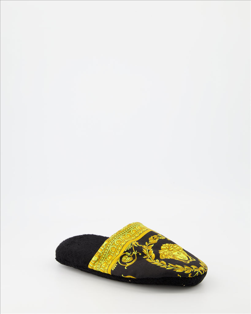 Versace slippers, Medusa design, luxury footwear, unisex fashion, gold-black slippers