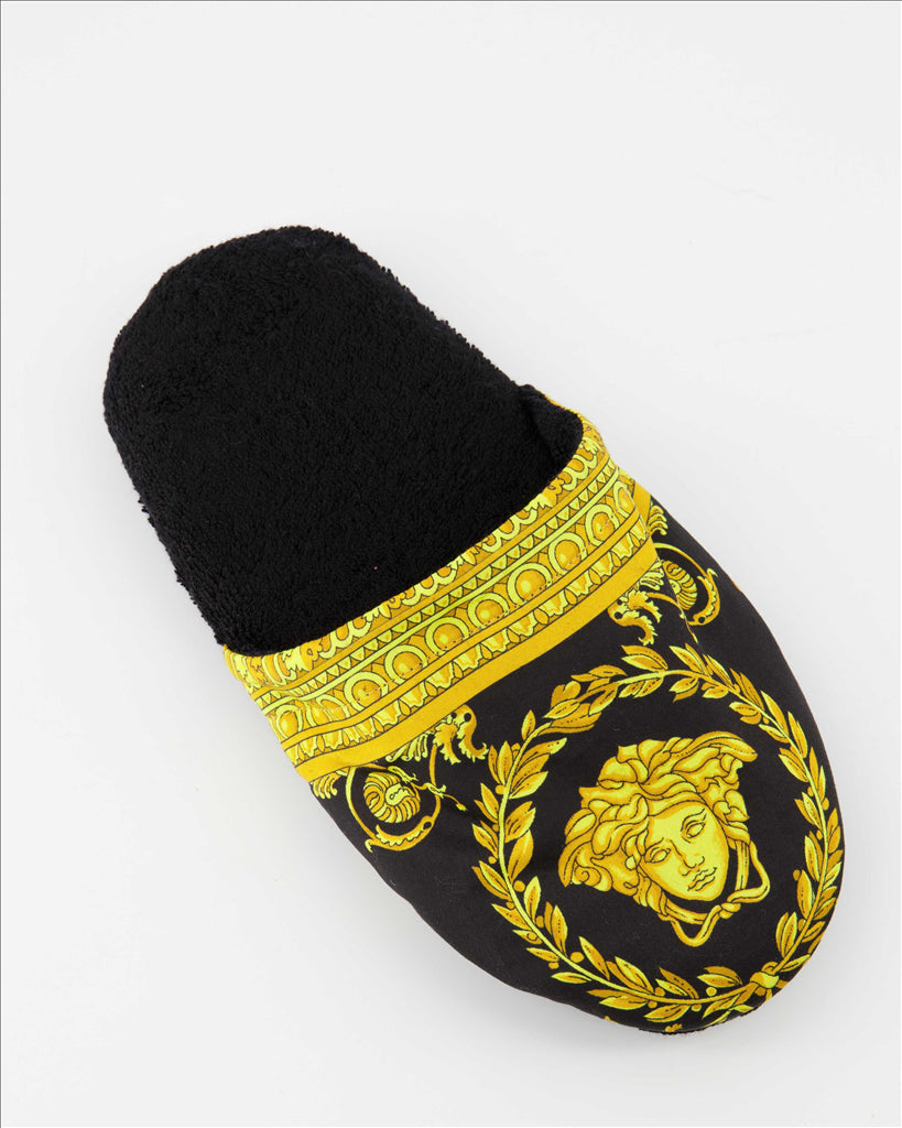 Versace slippers, Medusa design, luxury footwear, unisex fashion, gold-black slippers