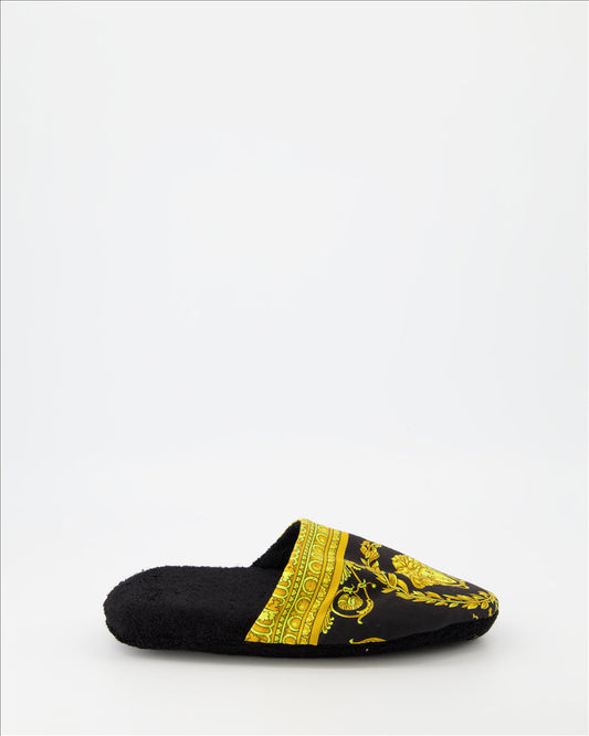 Versace slippers, Medusa design, luxury footwear, unisex fashion, gold-black slippers