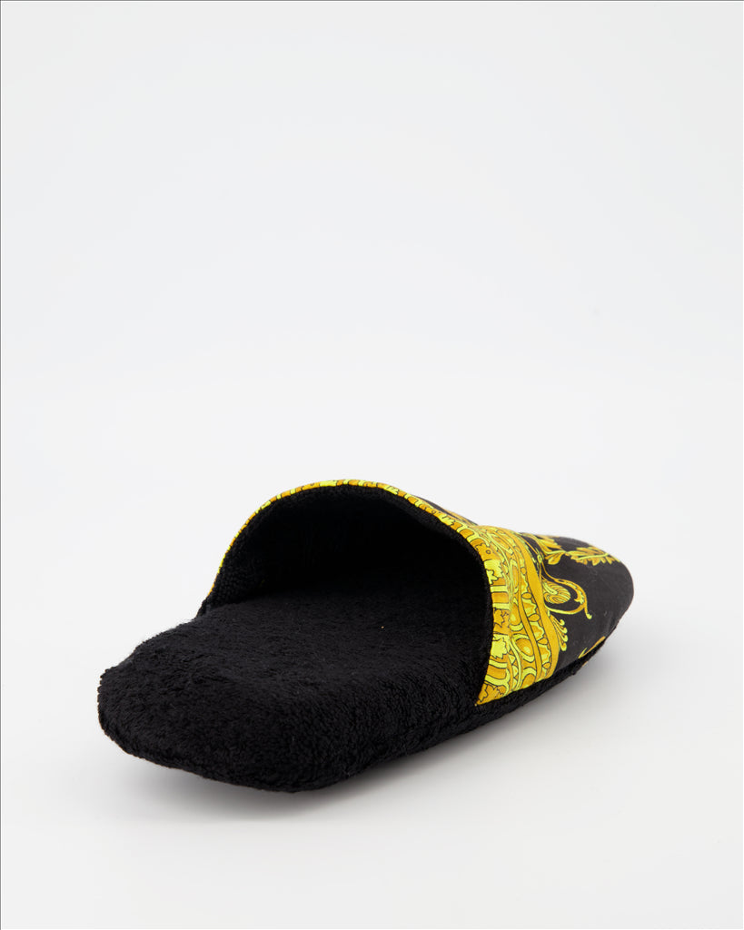 Versace slippers, Medusa design, luxury footwear, unisex fashion, gold-black slippers