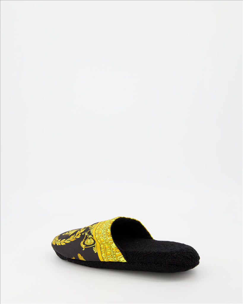 Versace slippers, Medusa design, luxury footwear, unisex fashion, gold-black slippers