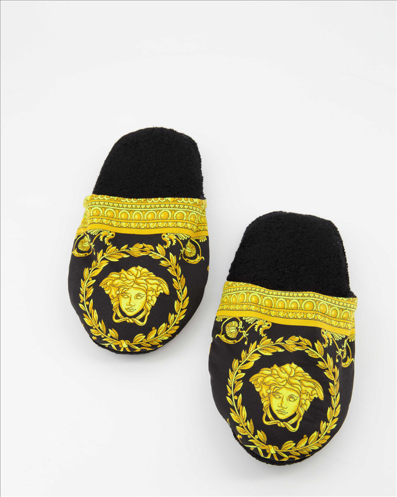 Versace slippers, Medusa design, luxury footwear, unisex fashion, gold-black slippers