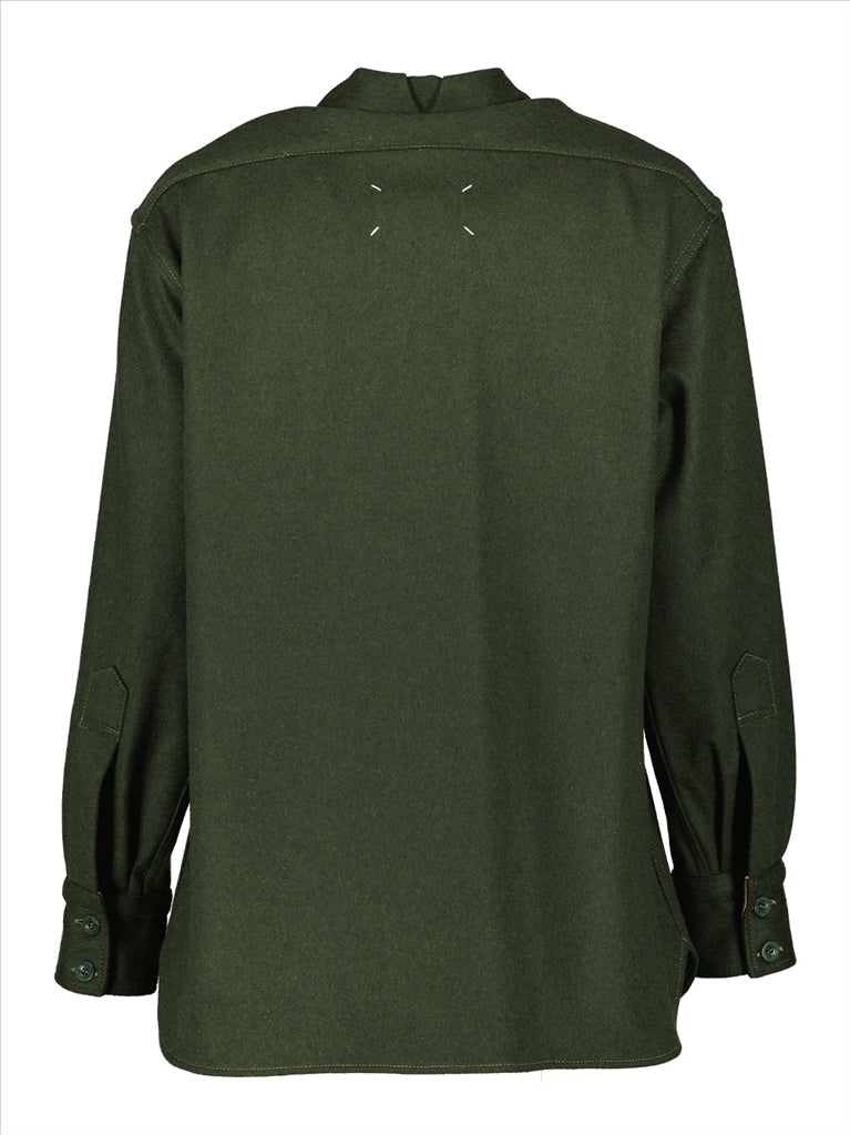 Four Stitches Shirt, Green Khaki Shirt, Men's Luxury Shirt, Designer Wool Shirt, Maison Margiela