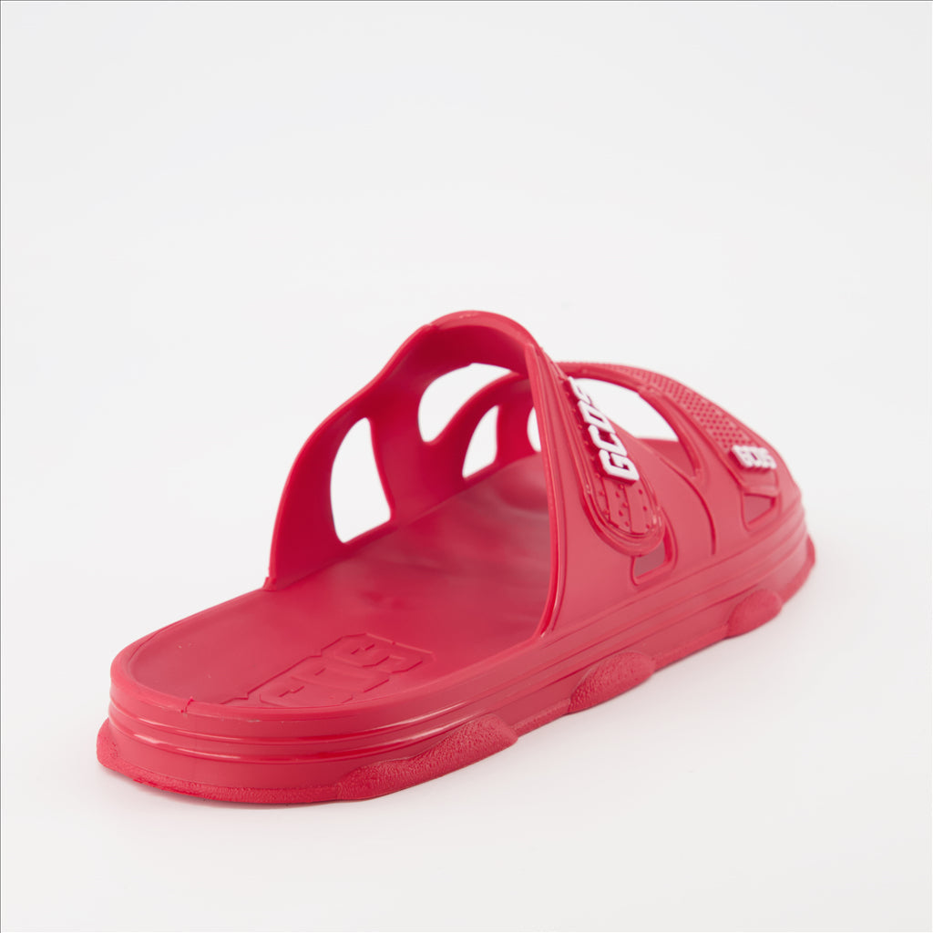 GCDS, luxury slides, red double strap slides, designer footwear, upscale fashion