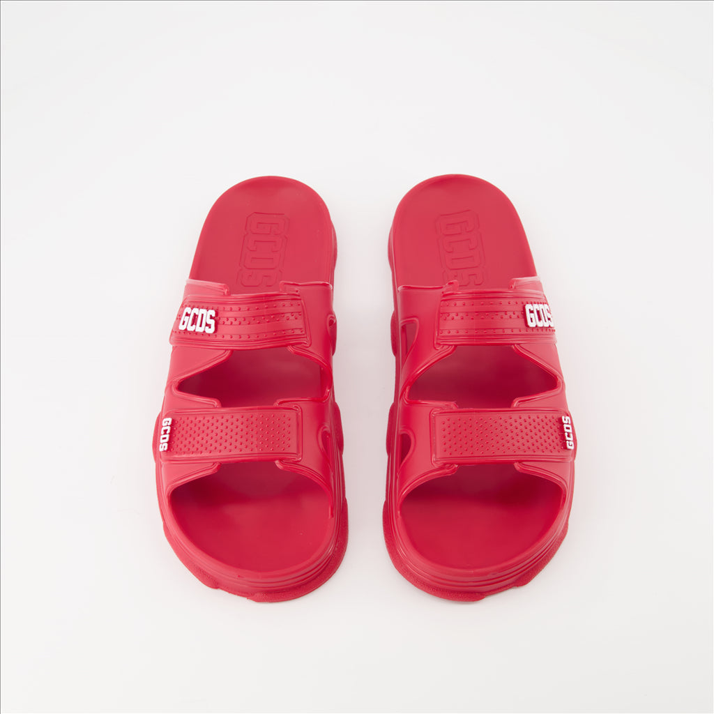 GCDS, luxury slides, red double strap slides, designer footwear, upscale fashion