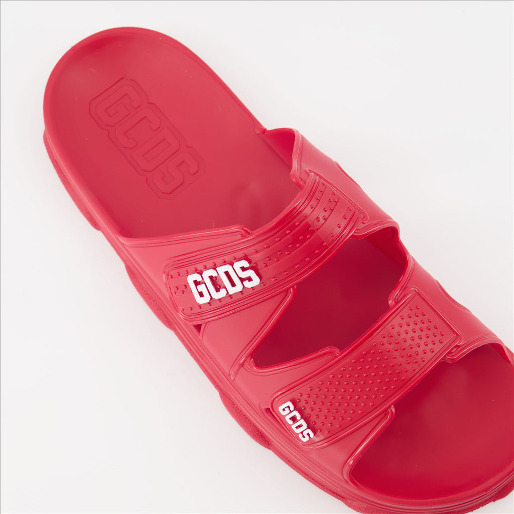 GCDS, luxury slides, red double strap slides, designer footwear, upscale fashion