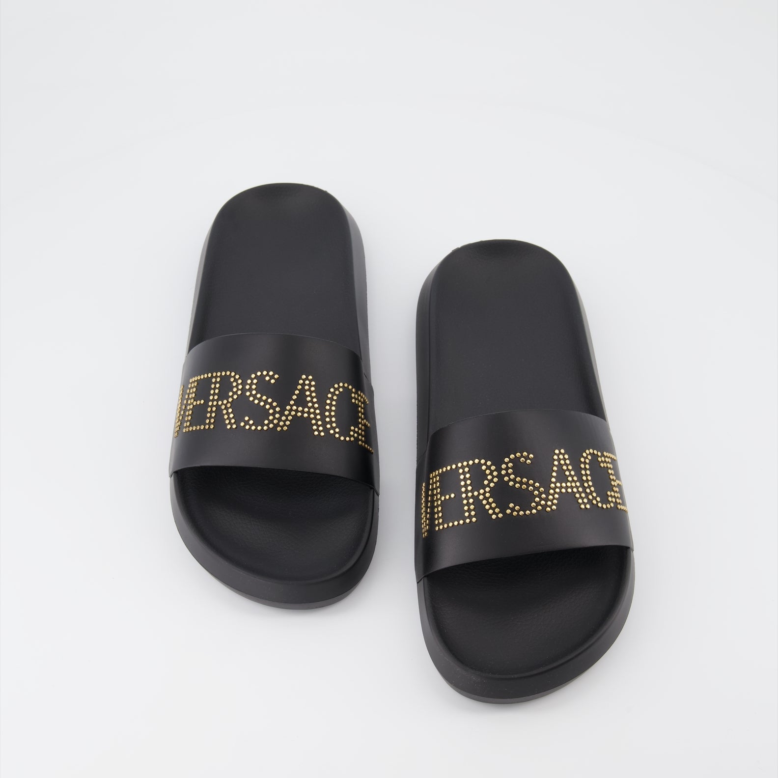 Versace, Logo Slide Sandals, Men's Luxury Footwear, Designer Slides, Studded Sandals