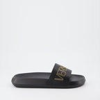 Versace, Logo Slide Sandals, Men's Luxury Footwear, Designer Slides, Studded Sandals