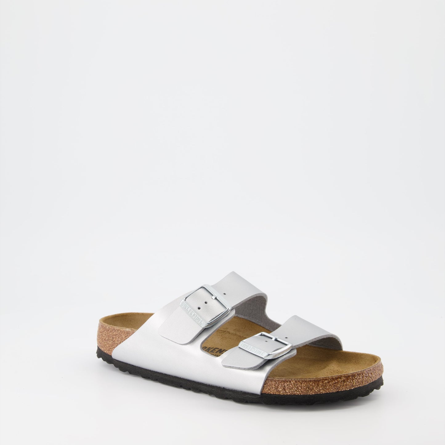 Birkenstock sandals, luxury footwear, silver sandals, women's designer shoes, elegant casual wear