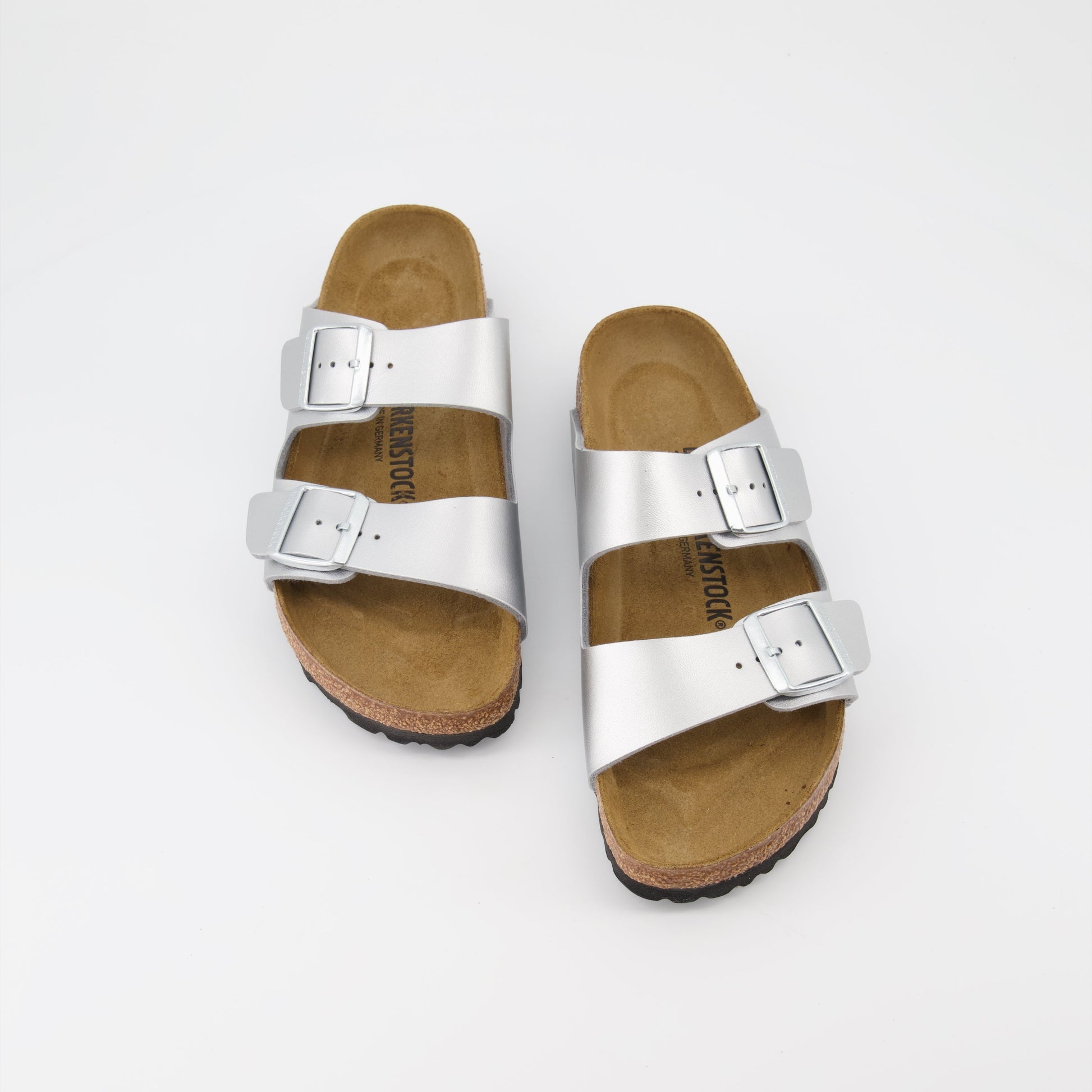 Birkenstock sandals, luxury footwear, silver sandals, women's designer shoes, elegant casual wear