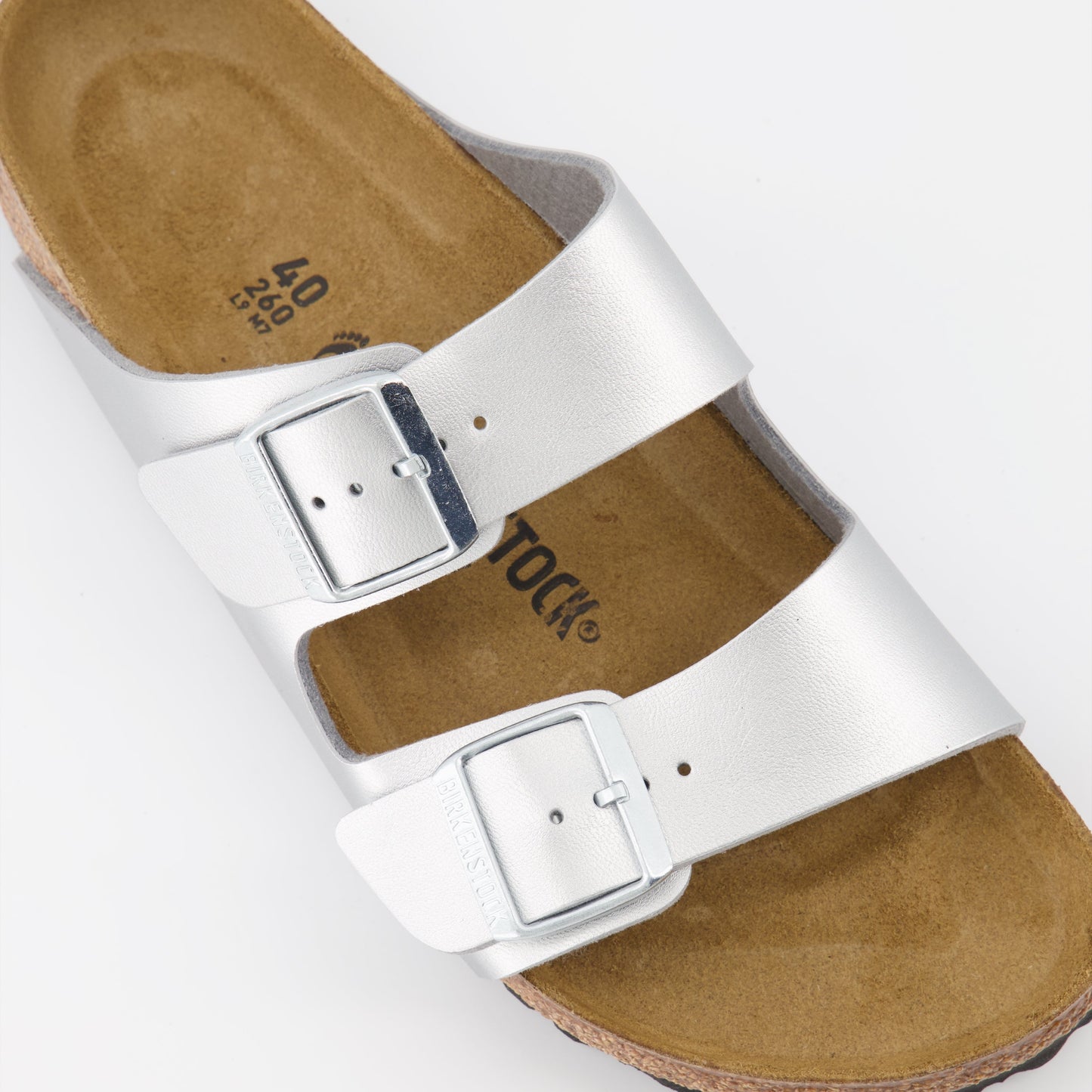 Birkenstock sandals, luxury footwear, silver sandals, women's designer shoes, elegant casual wear