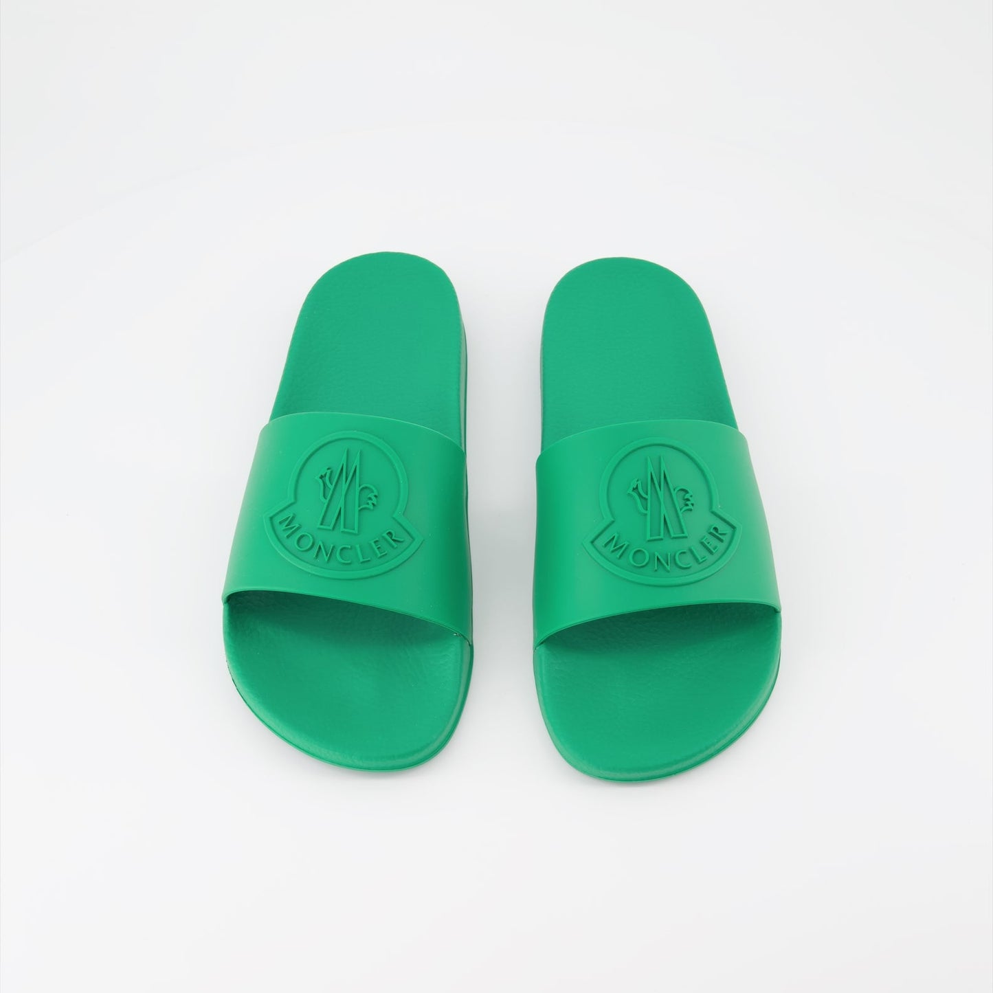 Moncler slides, green slides, men's luxury footwear, Moncler Basile, men's designer slides