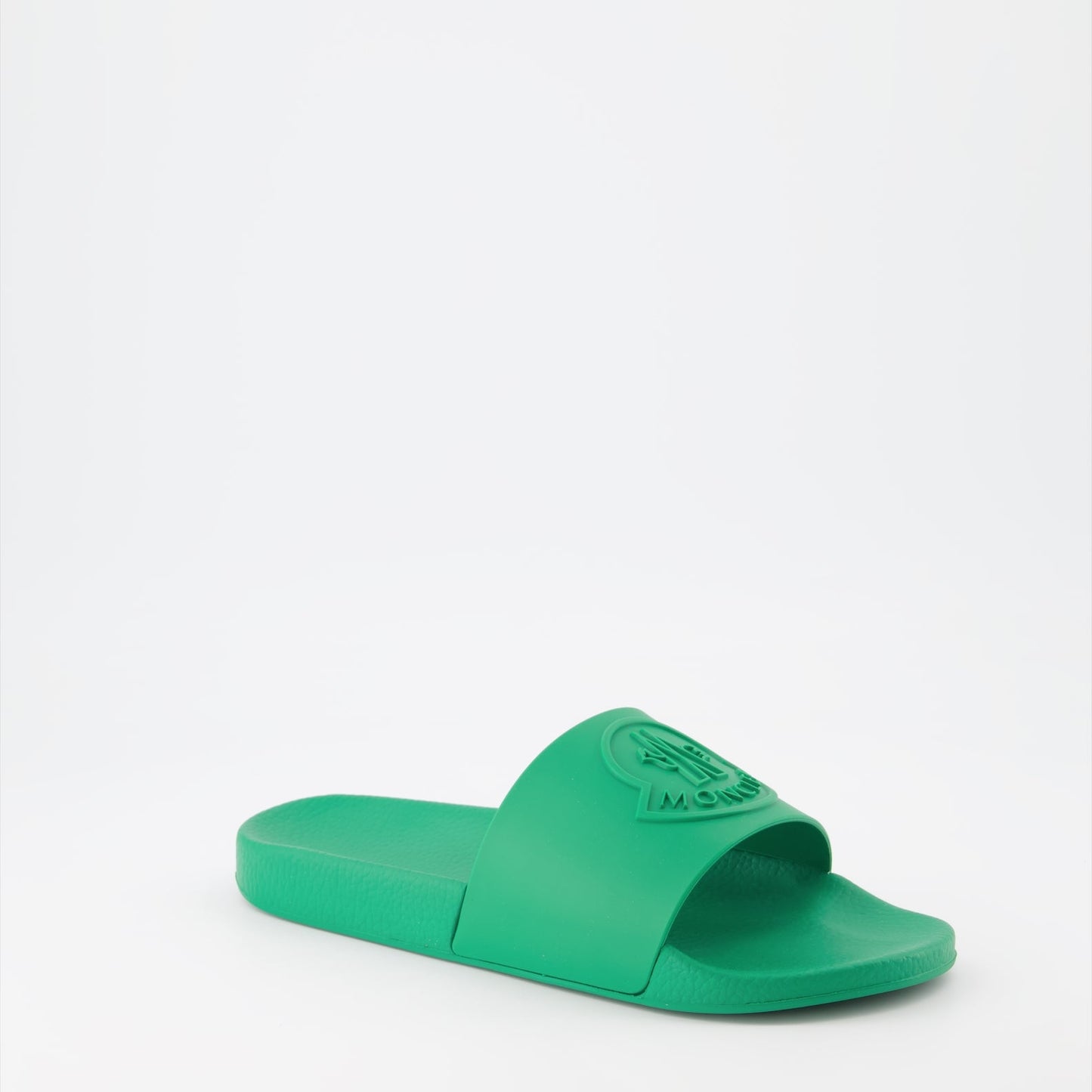 Moncler slides, green slides, men's luxury footwear, Moncler Basile, men's designer slides