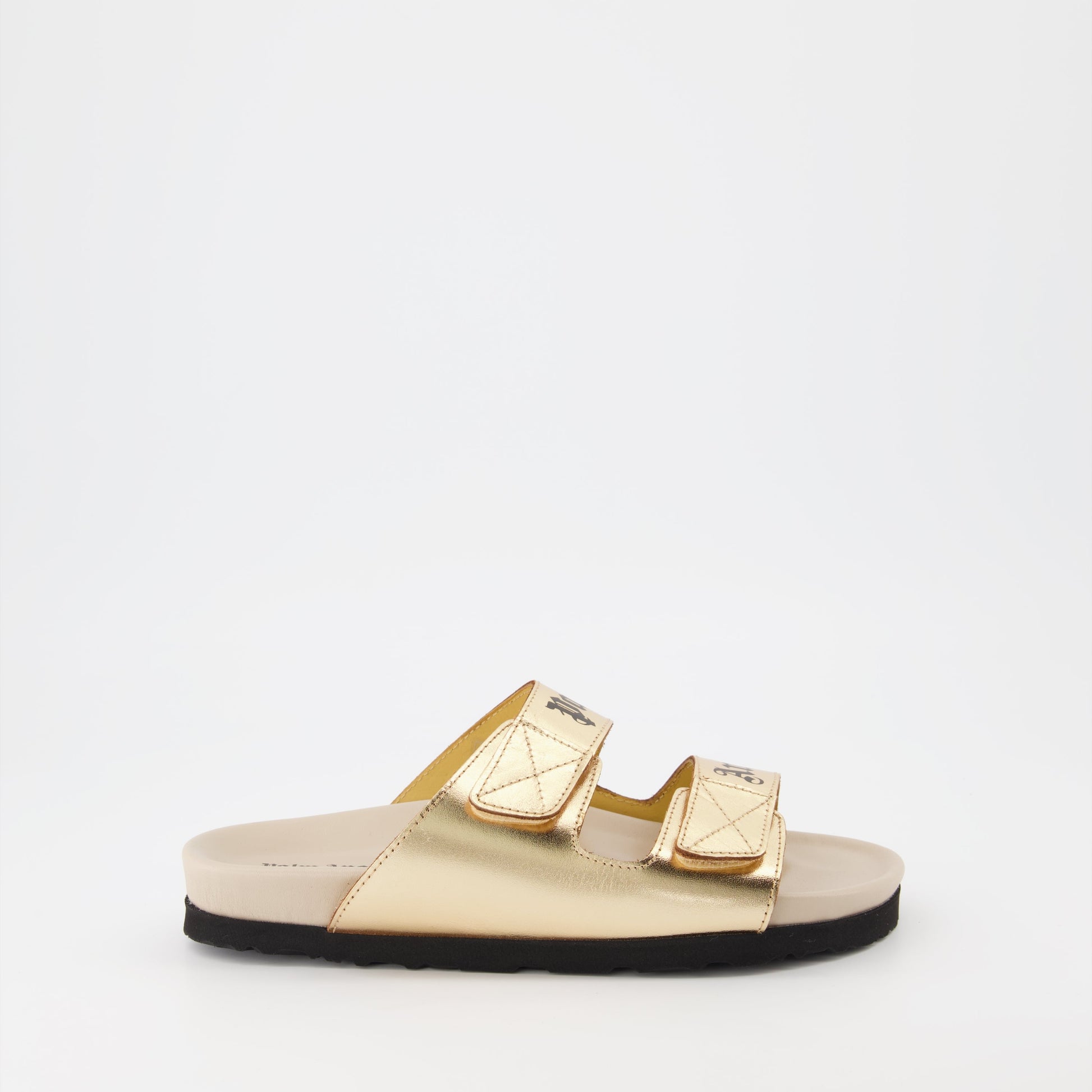 Palm Angels slides, gold logo slides, luxury women's footwear, designer slides, high-end fashion accessories