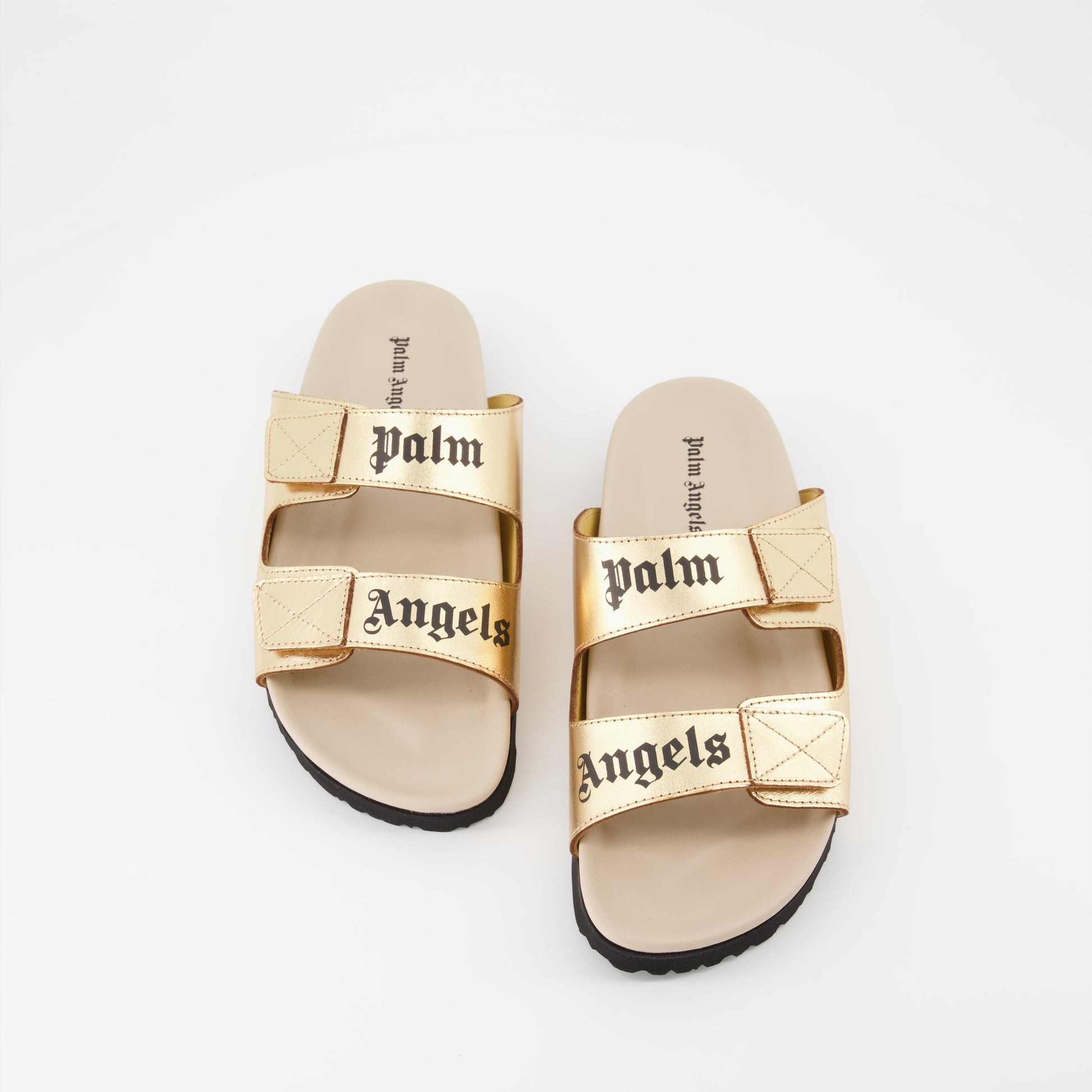 Palm Angels slides, gold logo slides, luxury women's footwear, designer slides, high-end fashion accessories