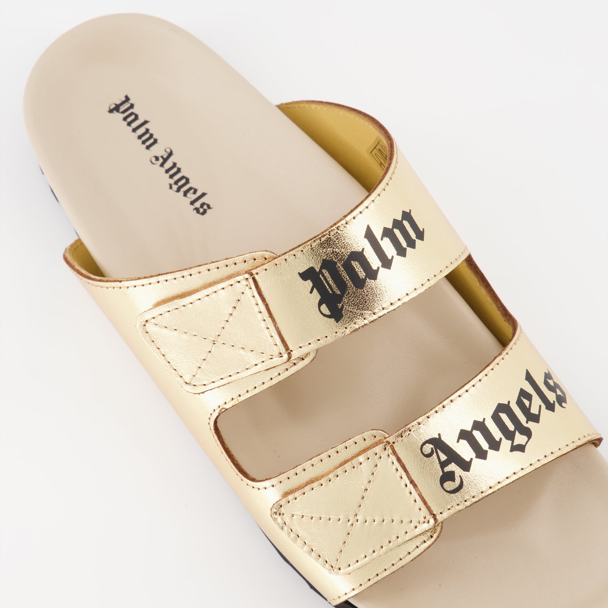 Palm Angels slides, gold logo slides, luxury women's footwear, designer slides, high-end fashion accessories