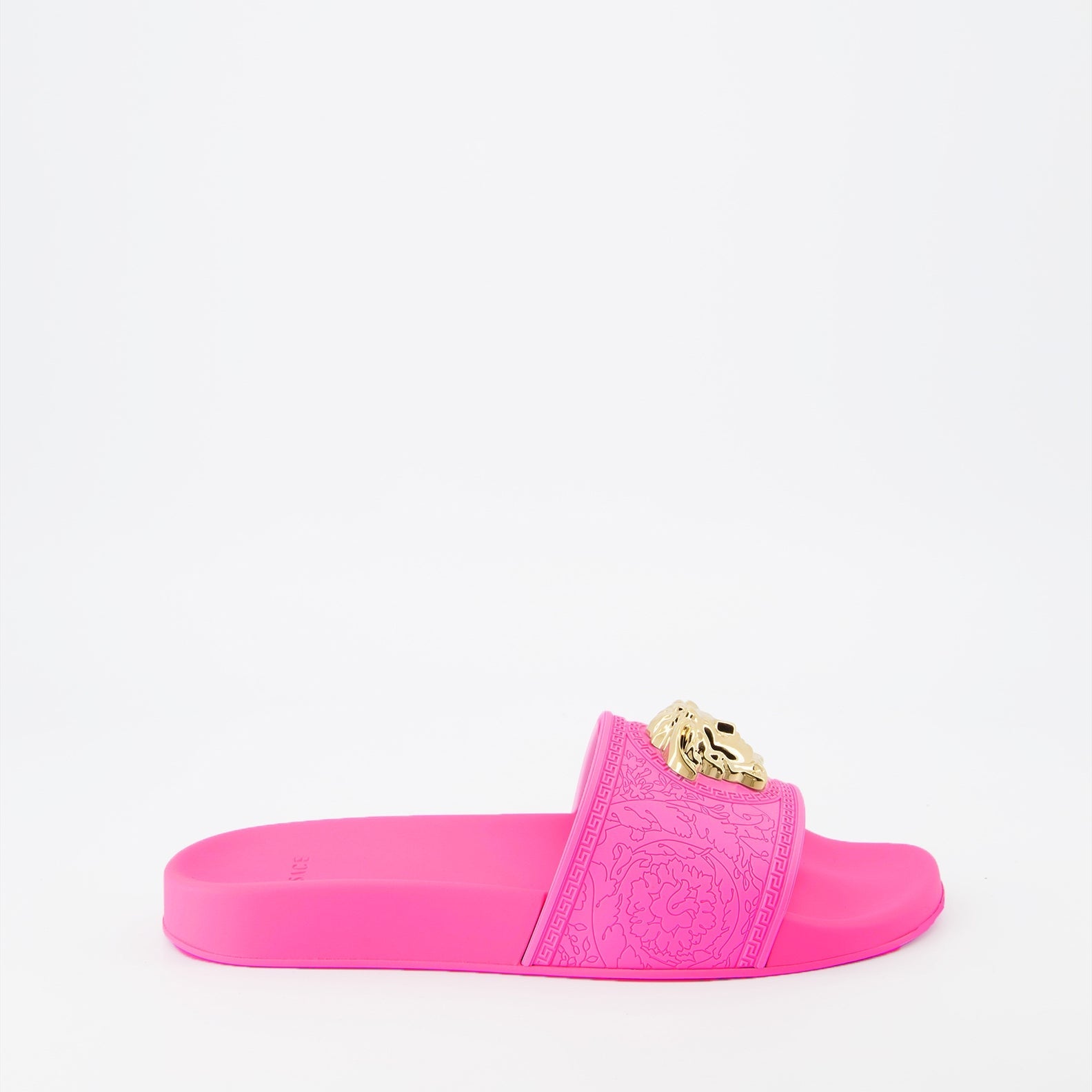 Versace slides, luxury footwear, designer slides, fuchsia slides, Medusa logo