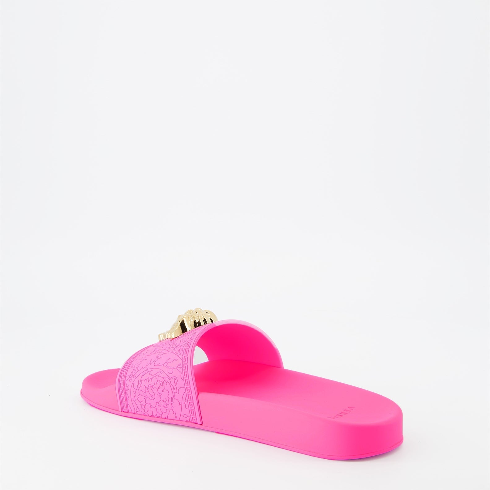 Versace slides, luxury footwear, designer slides, fuchsia slides, Medusa logo