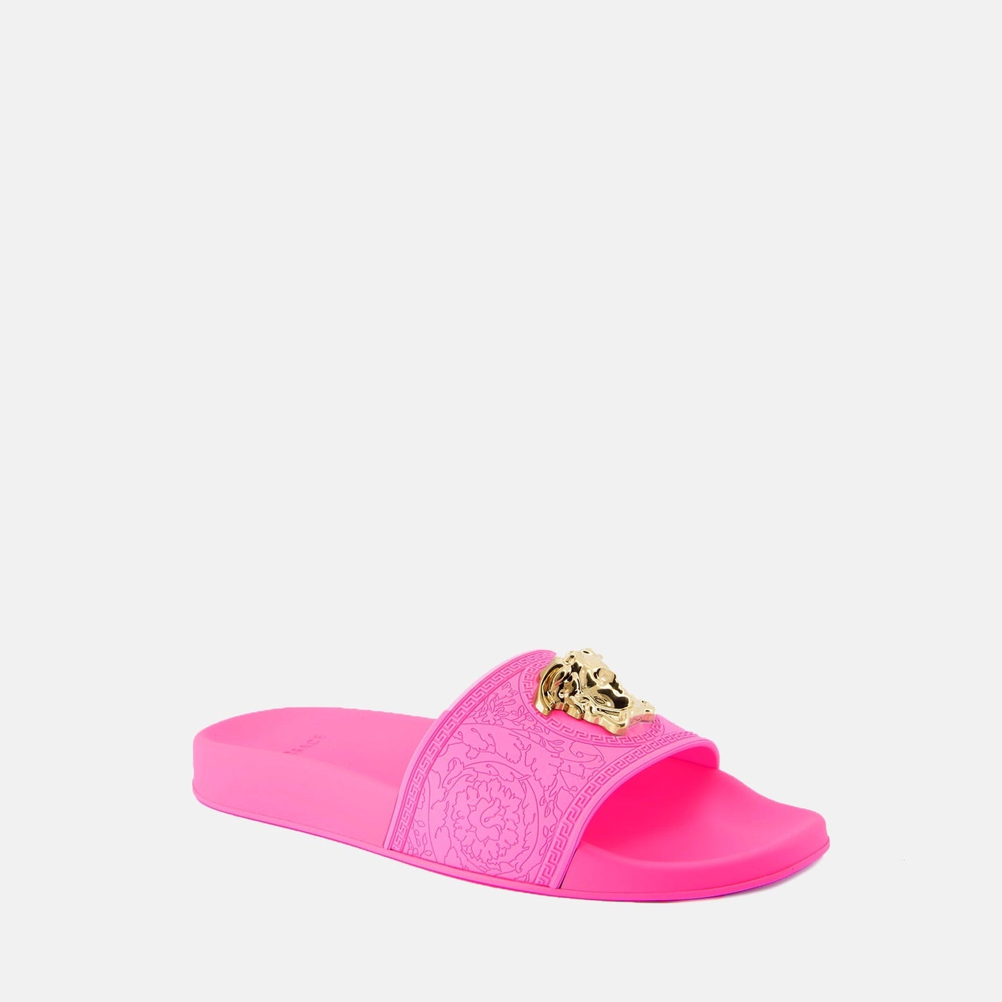 Versace slides, luxury footwear, designer slides, fuchsia slides, Medusa logo