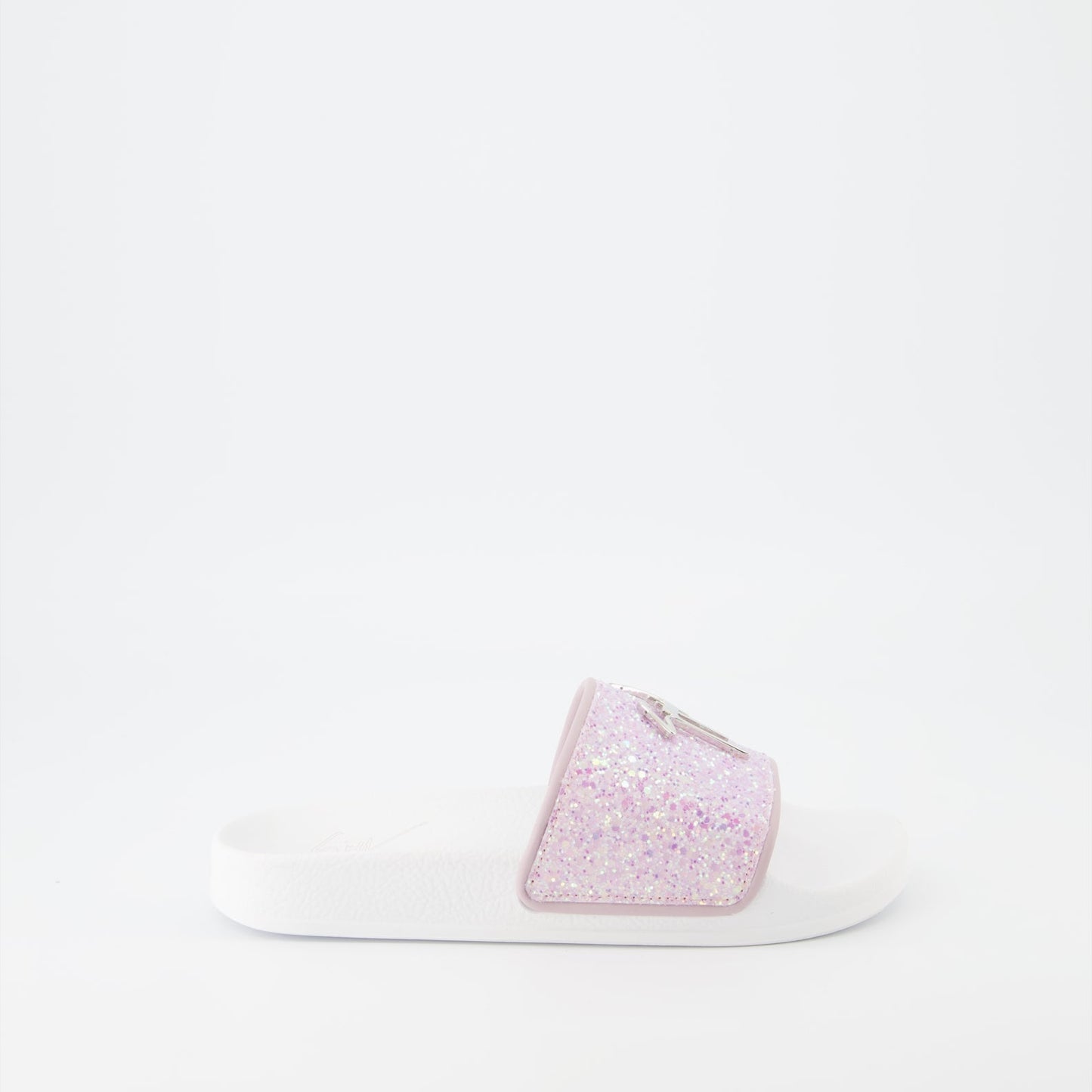 glitter slides, Giuseppe Zanotti, luxury footwear, women's designer slides, sparkling pink slides