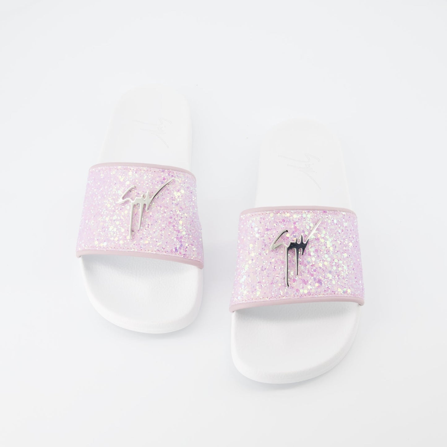 glitter slides, Giuseppe Zanotti, luxury footwear, women's designer slides, sparkling pink slides