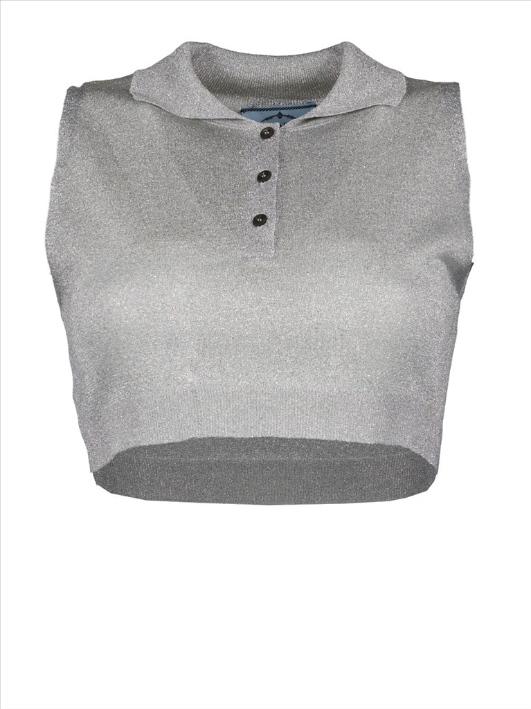 Prada crop-top, silver lurex, premium quality, luxury women's fashion, elegant attire