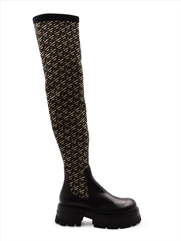 Versace boots, green over-the-knee boots, luxury women's footwear, high-end fashion, Cuissardes Leonidas