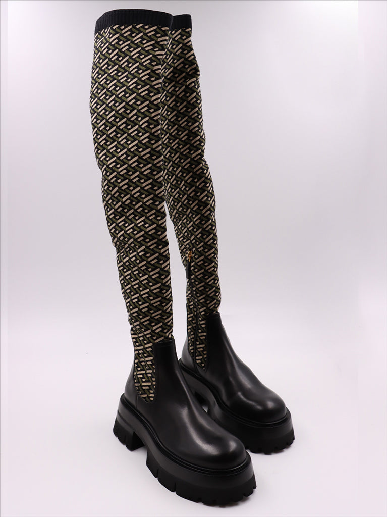 Versace boots, green over-the-knee boots, luxury women's footwear, high-end fashion, Cuissardes Leonidas