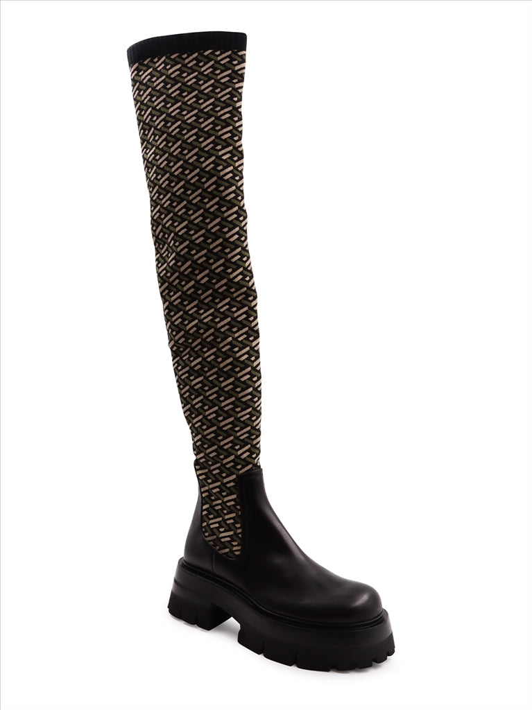 Versace boots, green over-the-knee boots, luxury women's footwear, high-end fashion, Cuissardes Leonidas