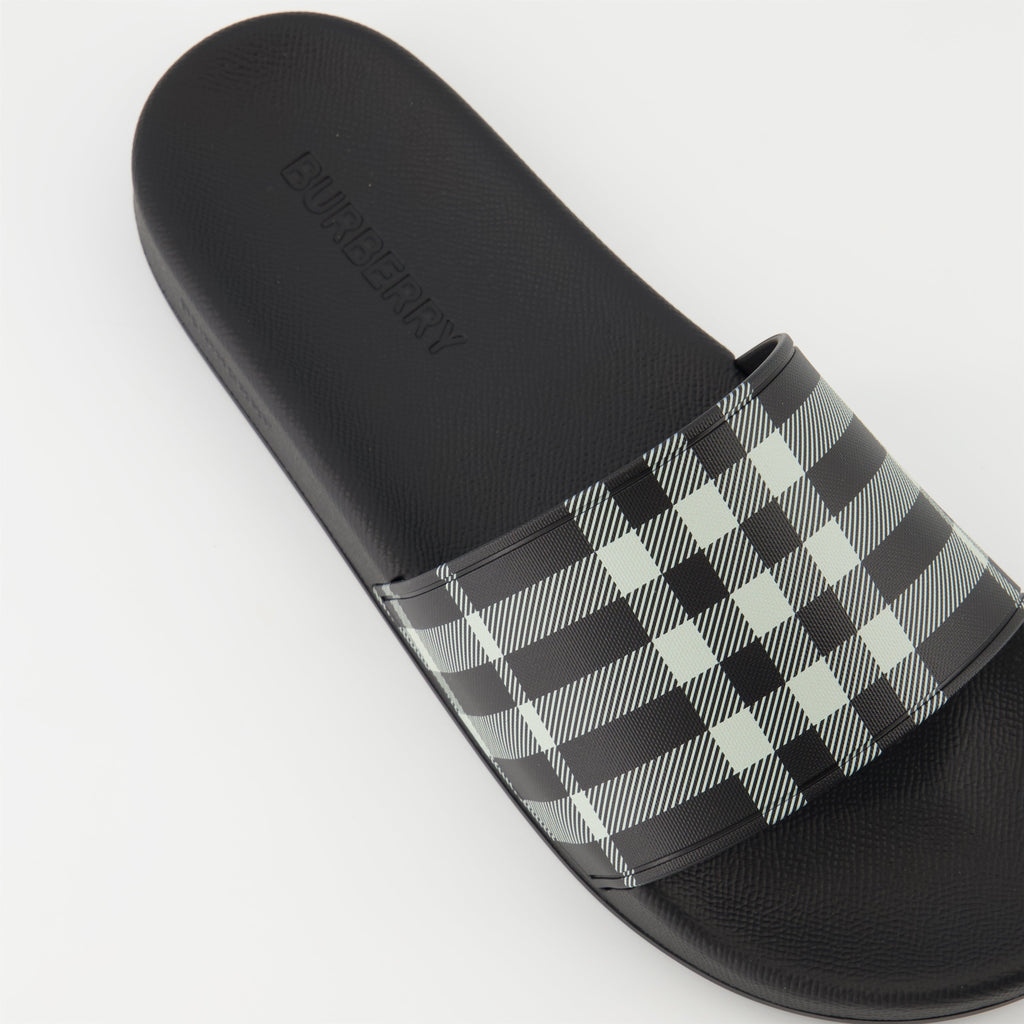 Burberry slides, Check print sandals, Polyurethane footwear, Casual slides, Designer sandals
