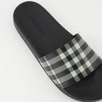 Burberry slides, Check print sandals, Polyurethane footwear, Casual slides, Designer sandals