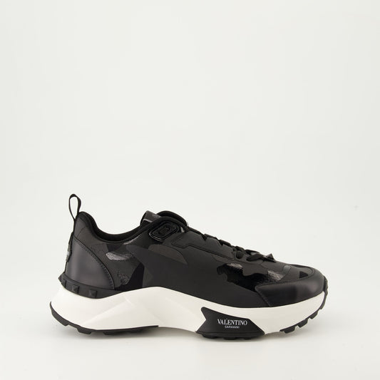 Black Camouflage Sneakers, Technical Fabric Sneakers, Leather Footwear, Rugged Rubber Sole, Contemporary Style