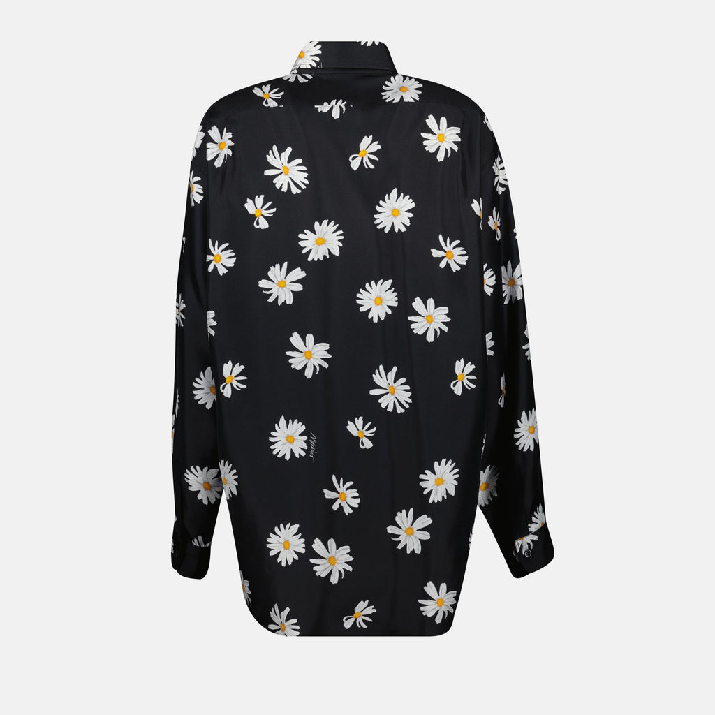 black silk shirt, Moschino floral shirt, women's luxury shirt, silk daisy print shirt, elegant summer attire