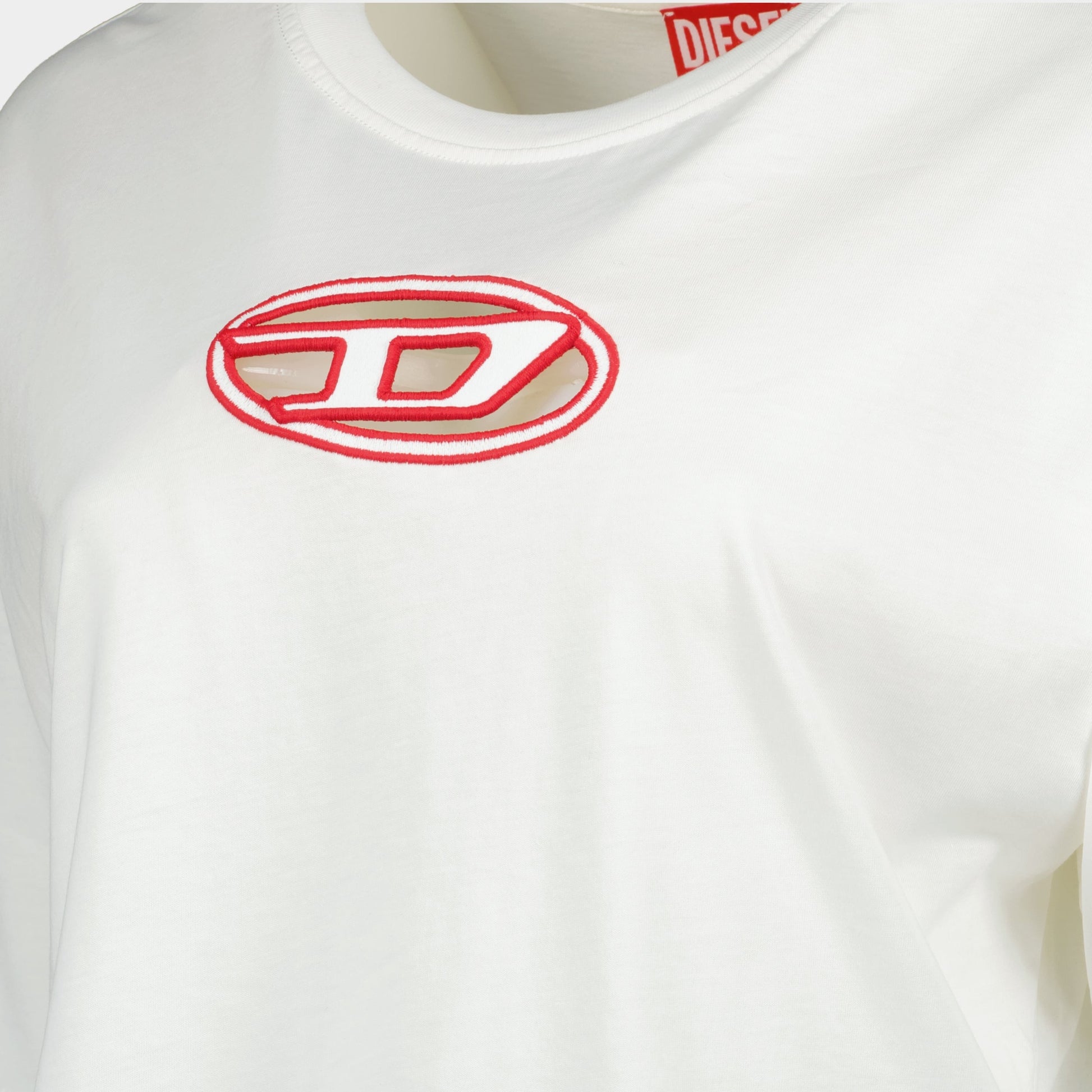 Diesel T-Buxt, Crop T-Shirt, Spring-Summer 2025, Red Logo T-Shirt, White Cotton Top