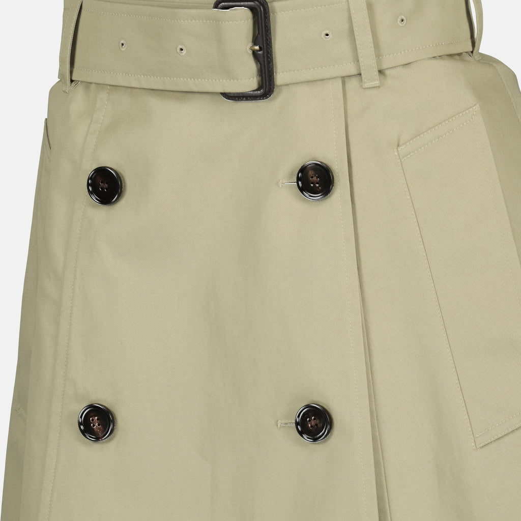 trench mini skirt, Burberry fashion, cotton gabardine skirt, beige skirt, adjustable waist skirt