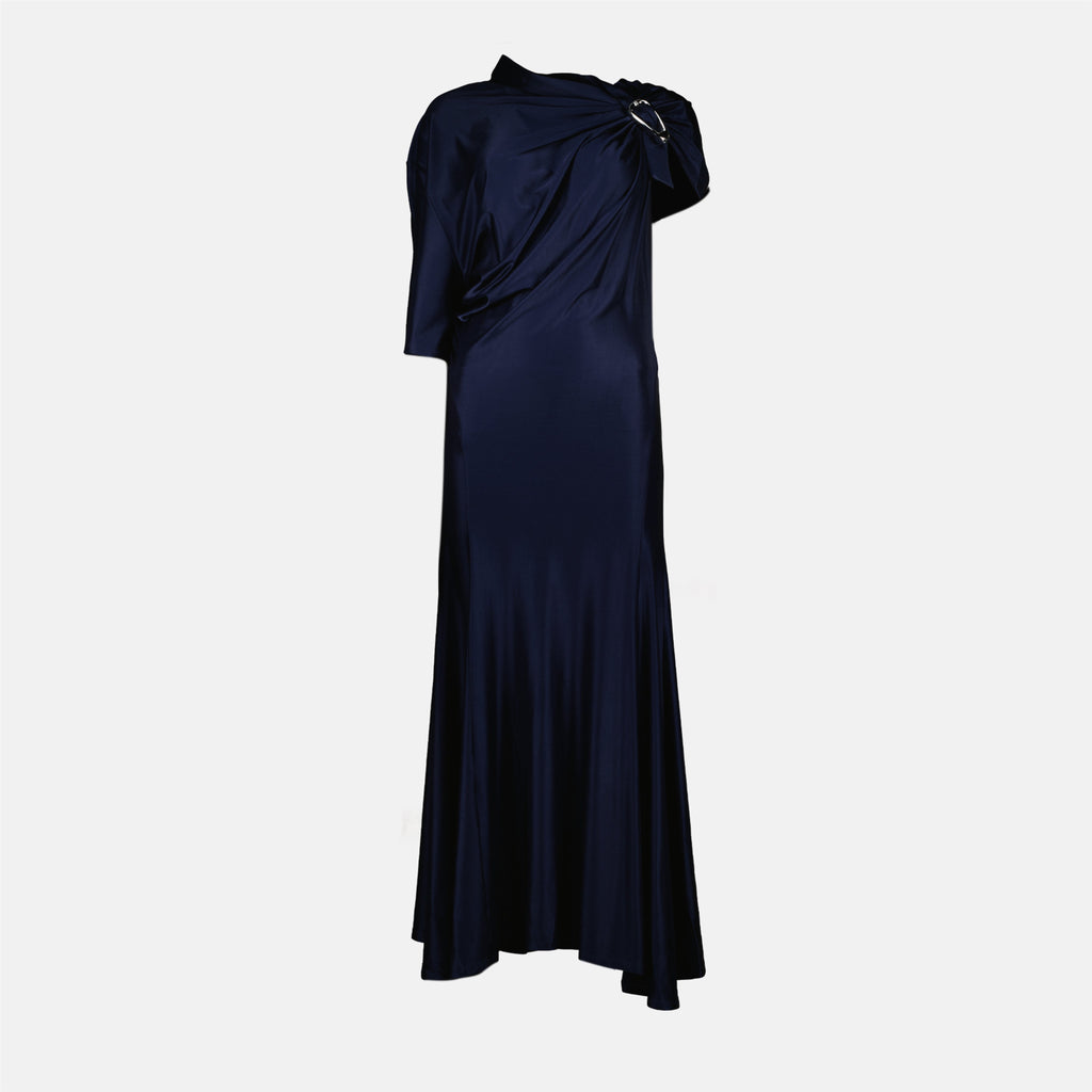 navy dress, asymmetrical dress, Rabanne, ankle-length dress, high collar dress