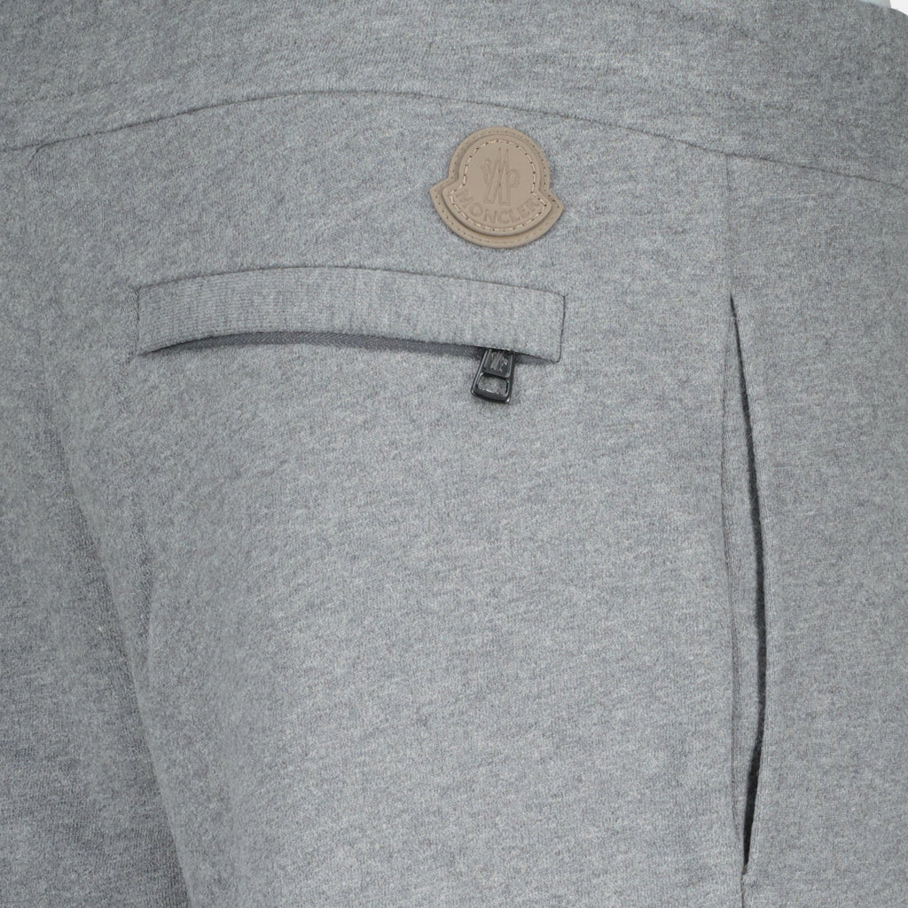 Moncler jogging bottoms, gray athletic wear, cotton fleece joggers, leather detail pants, casual stylish trousers