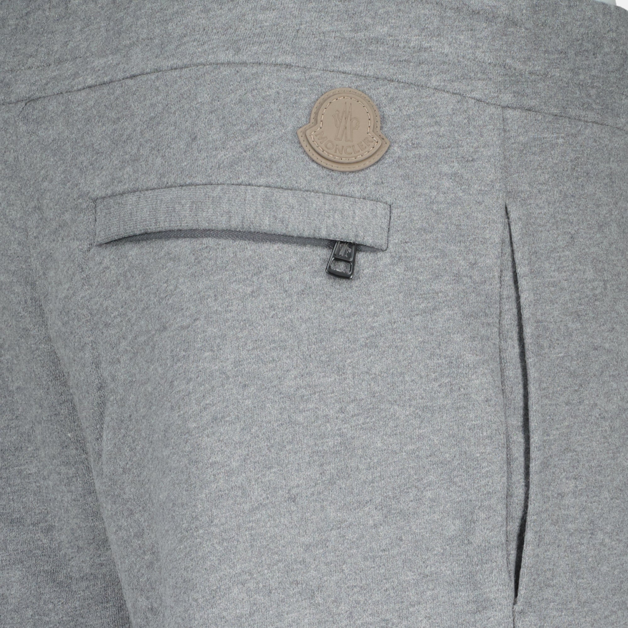 Moncler jogging bottoms, gray athletic wear, cotton fleece joggers, leather detail pants, casual stylish trousers