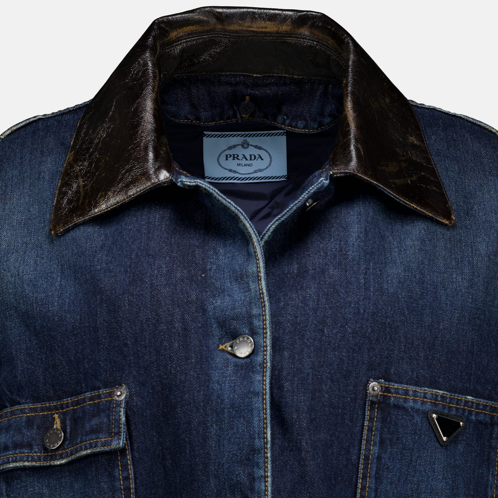 Mørkeblå denim- og skinnjakke