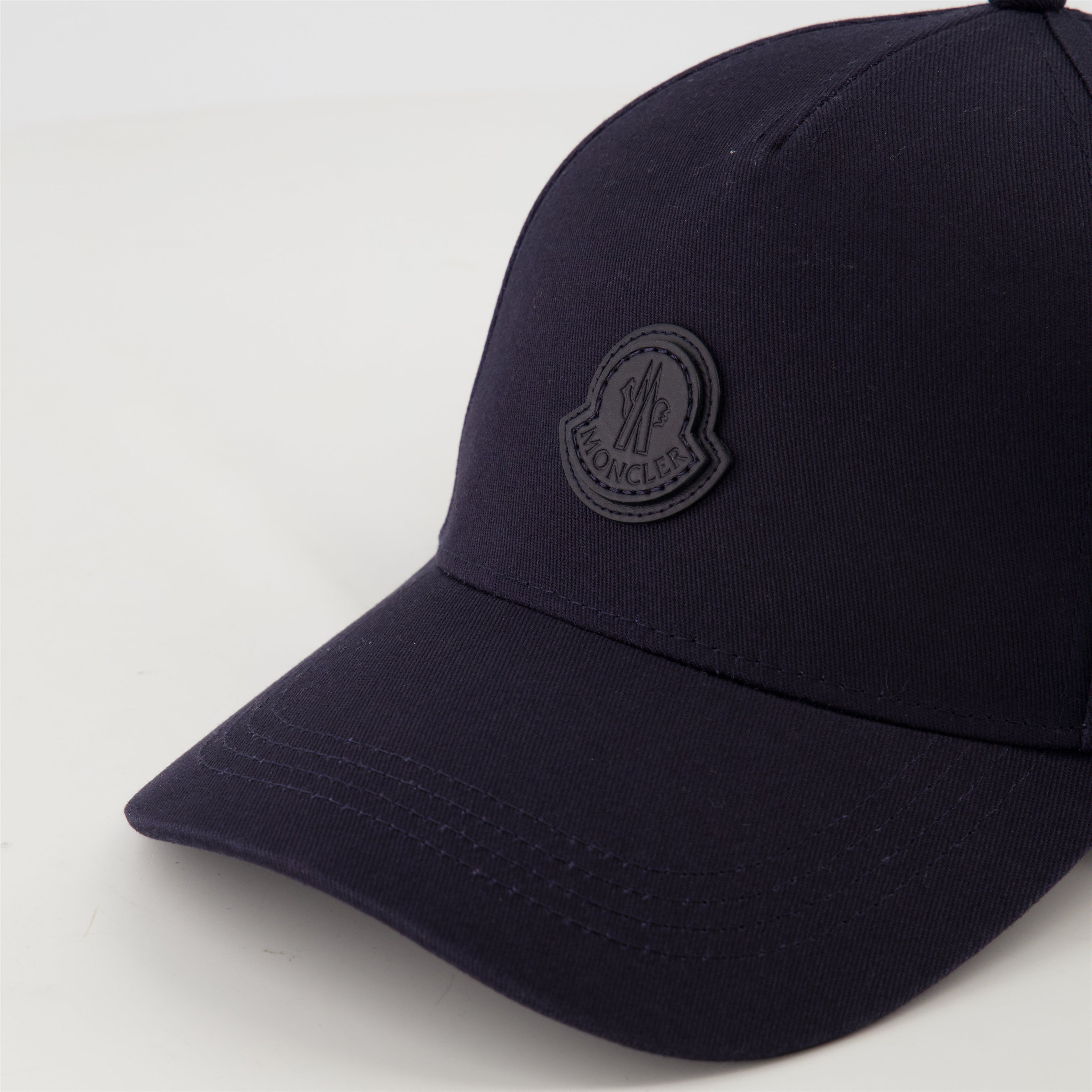 navy cap, Moncler cap, leather logo cap, cotton gabardine cap, adjustable cap