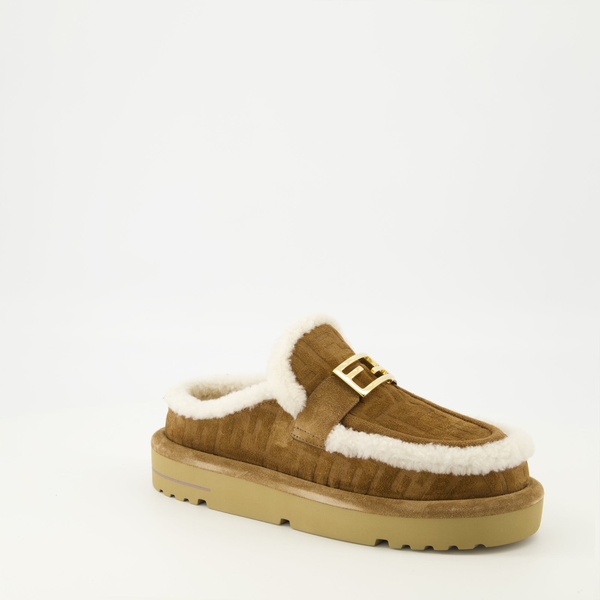 brown clogs, suede footwear, Fendi collection, winter shoes, après-ski clogs